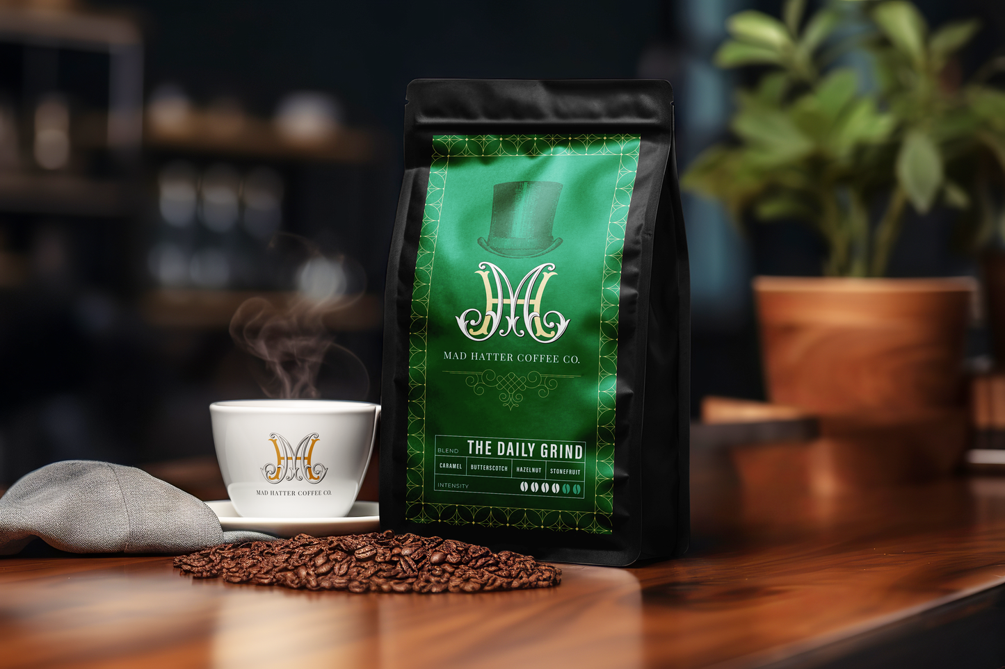 Mad Hatter Coffee Co. 'The Daily Grind' blend in sleek green packaging with caramel, hazelnut, and stone fruit notes beside a steaming cup.